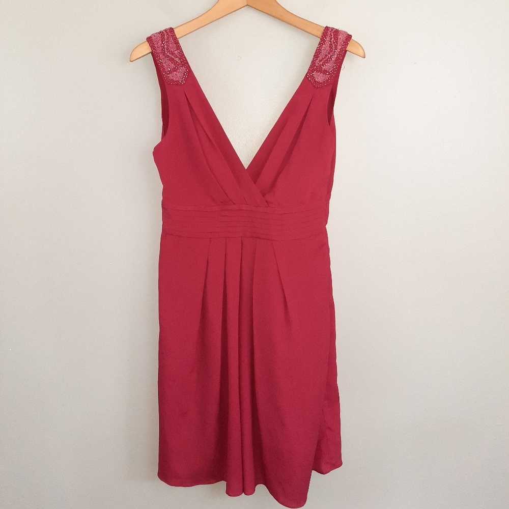Esley Berry Beaded Shoulder V-Neck Dress